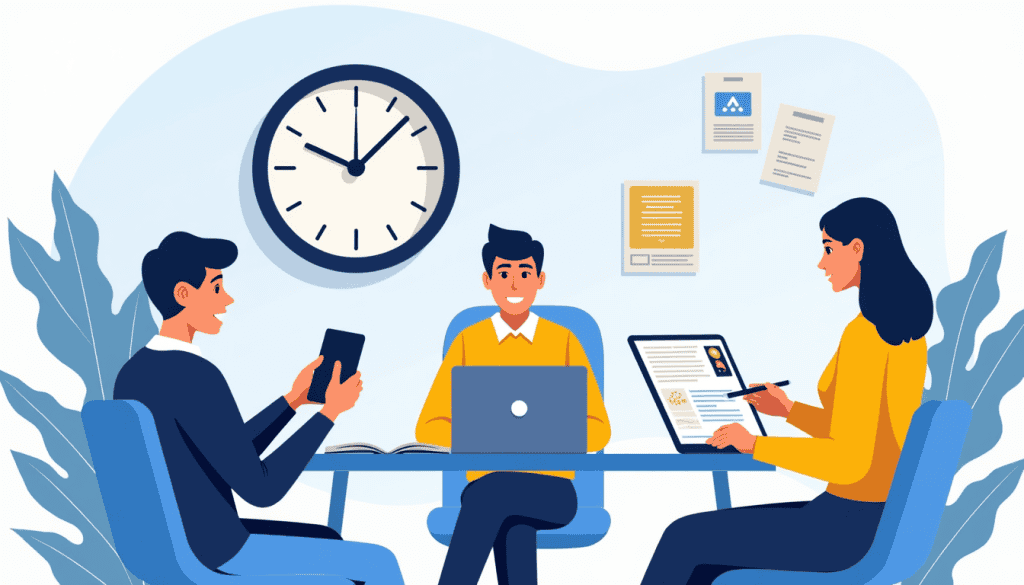 Three people sitting at a table with a laptop and a clock.